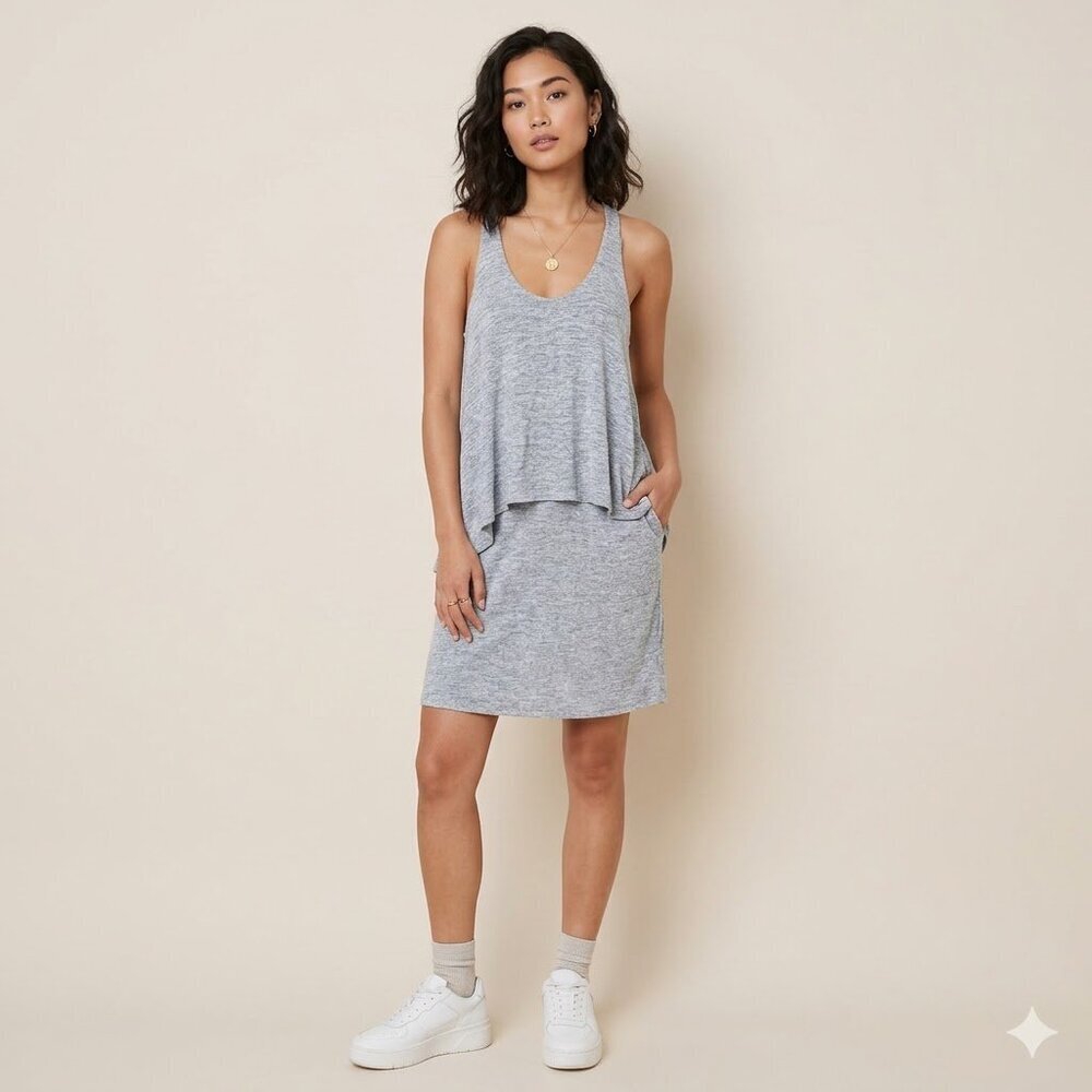 BCBGeneration Blue Heather Dress Large Sleeveless Layered Hi Lo Casual